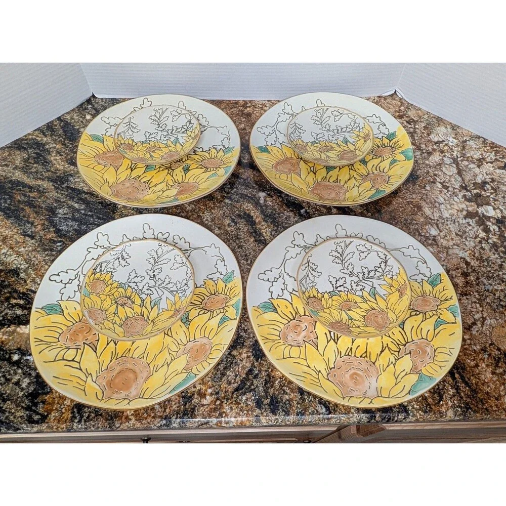 Colorful Gilded Sunflower Dinner Plates & Small Plates Set Of 14. Spectrum